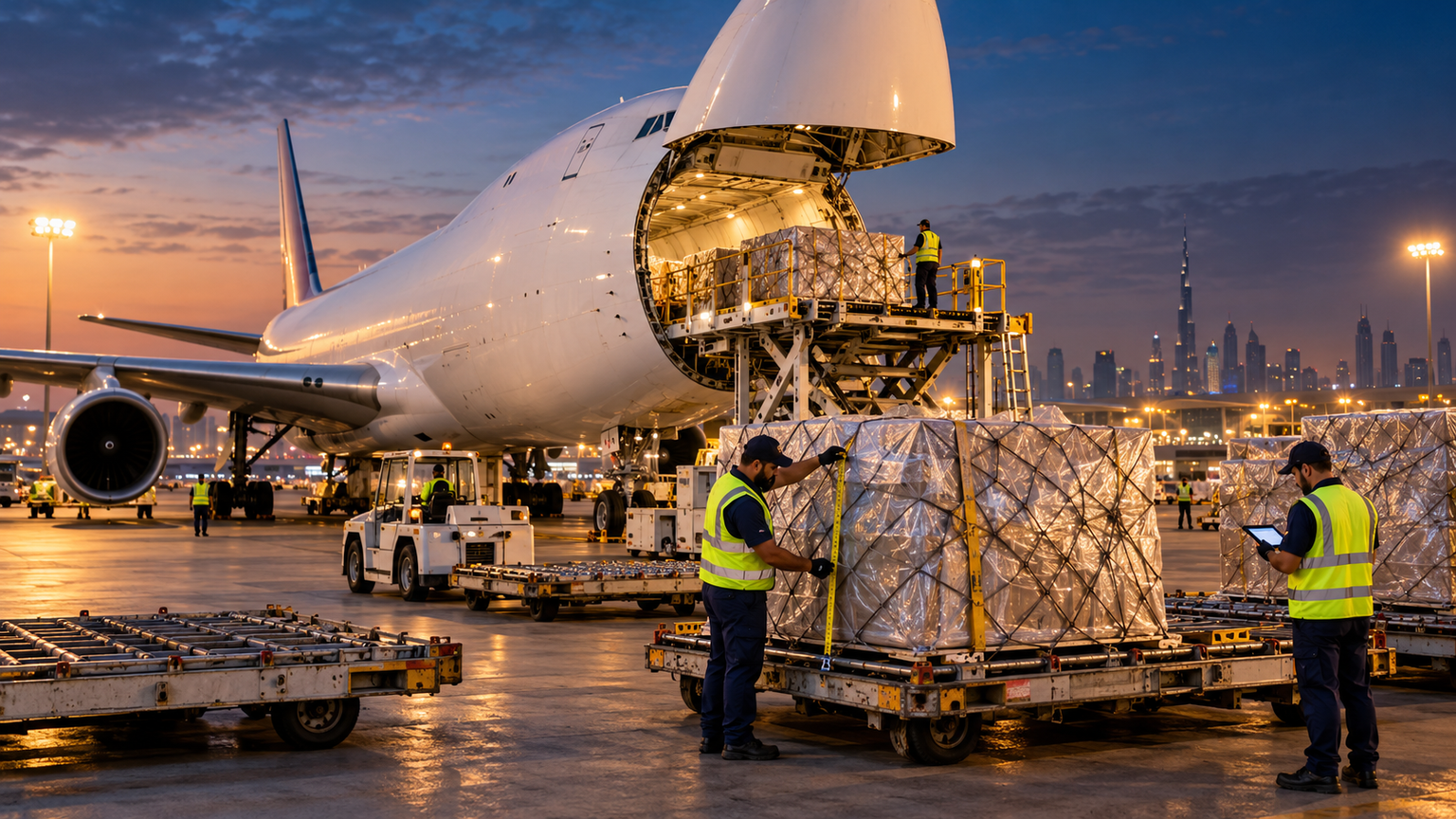 Air cargo team measuring a wrapped pallet beside a wide-body freighter on a Dubai airport apron at dusk
