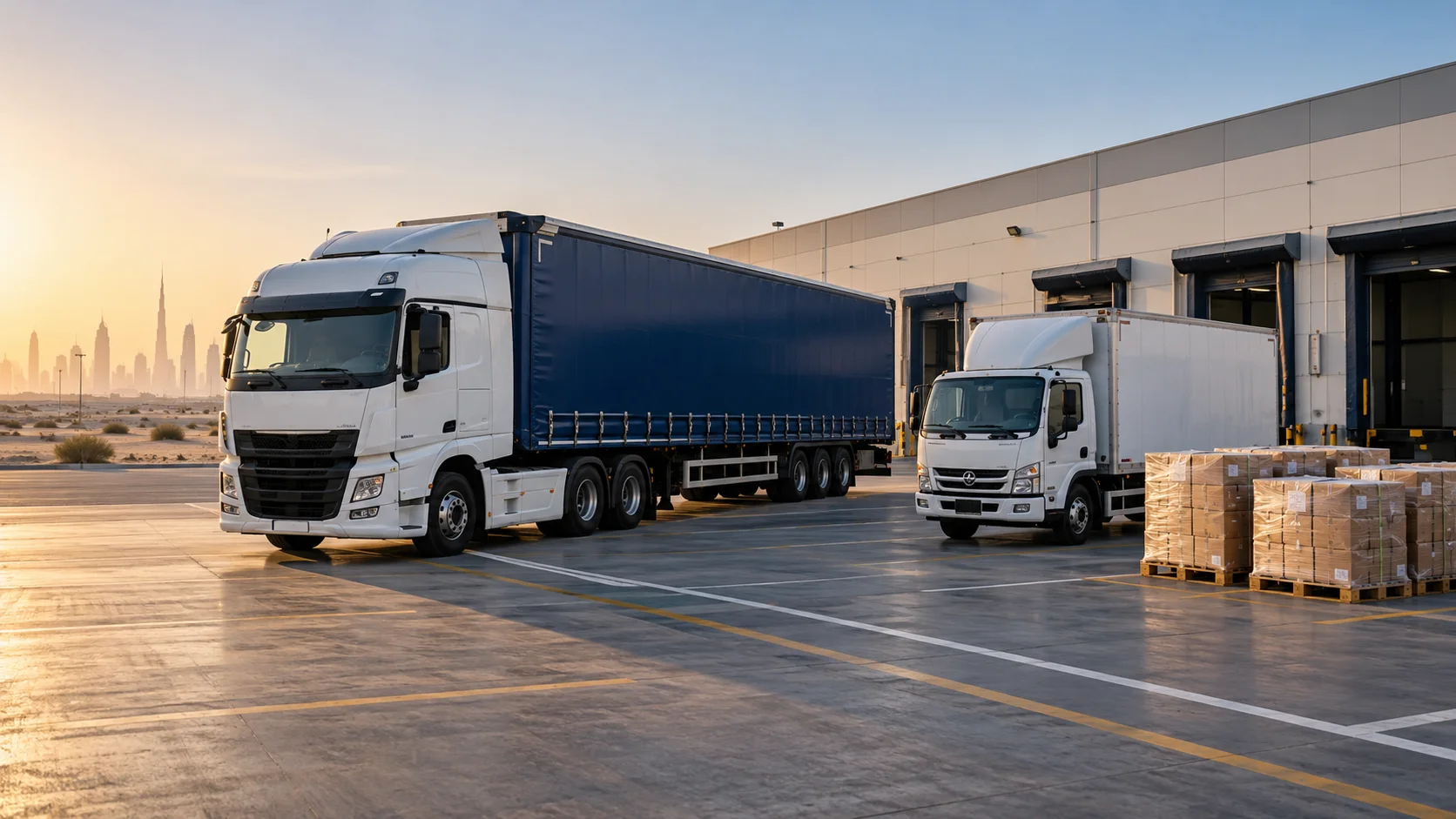 Illustration of freight trucks and staged palletized cargo at a Gulf distribution centre