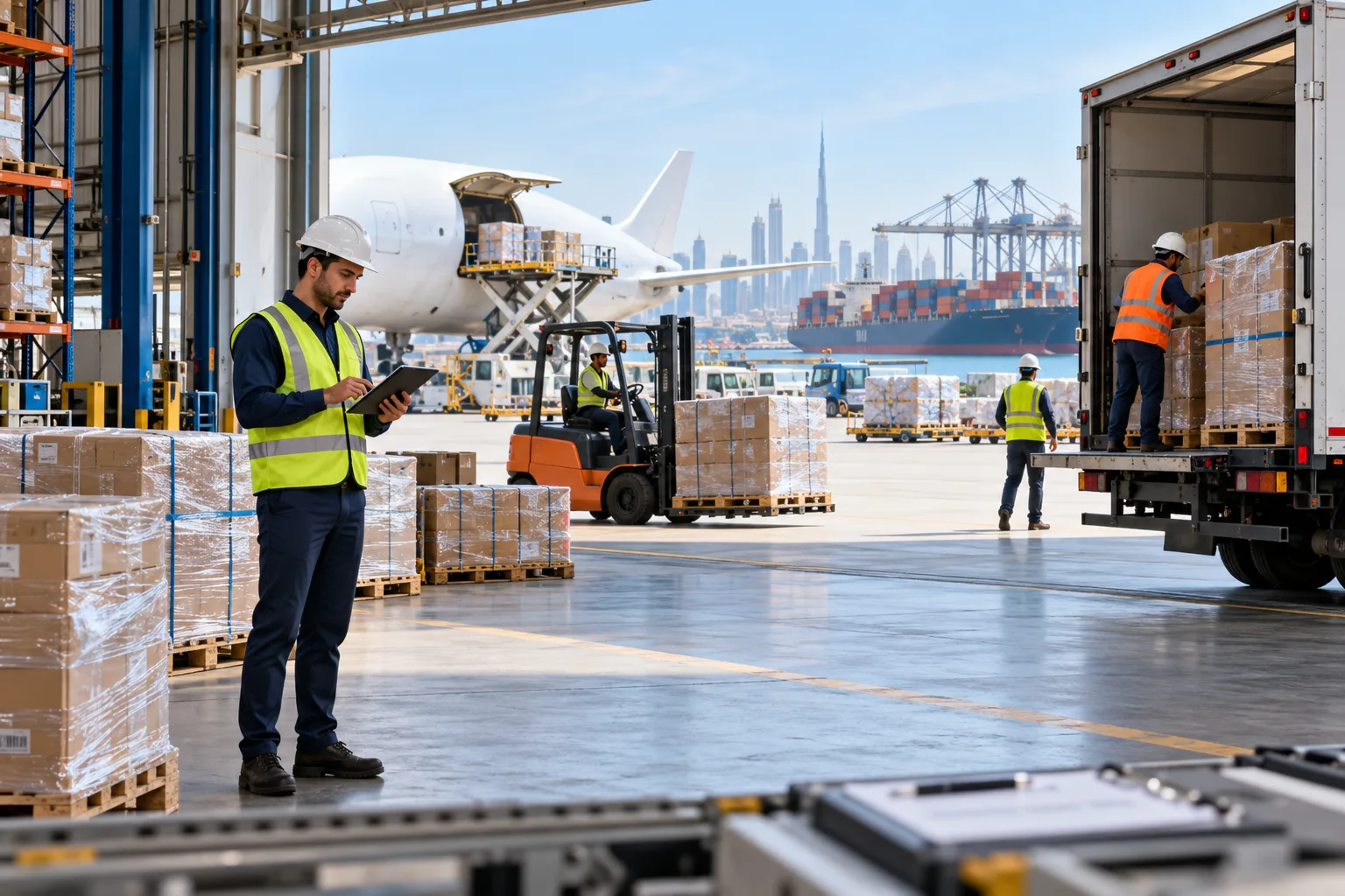 Logistics team coordinating truck, warehouse, cargo aircraft and sea freight operations in Dubai