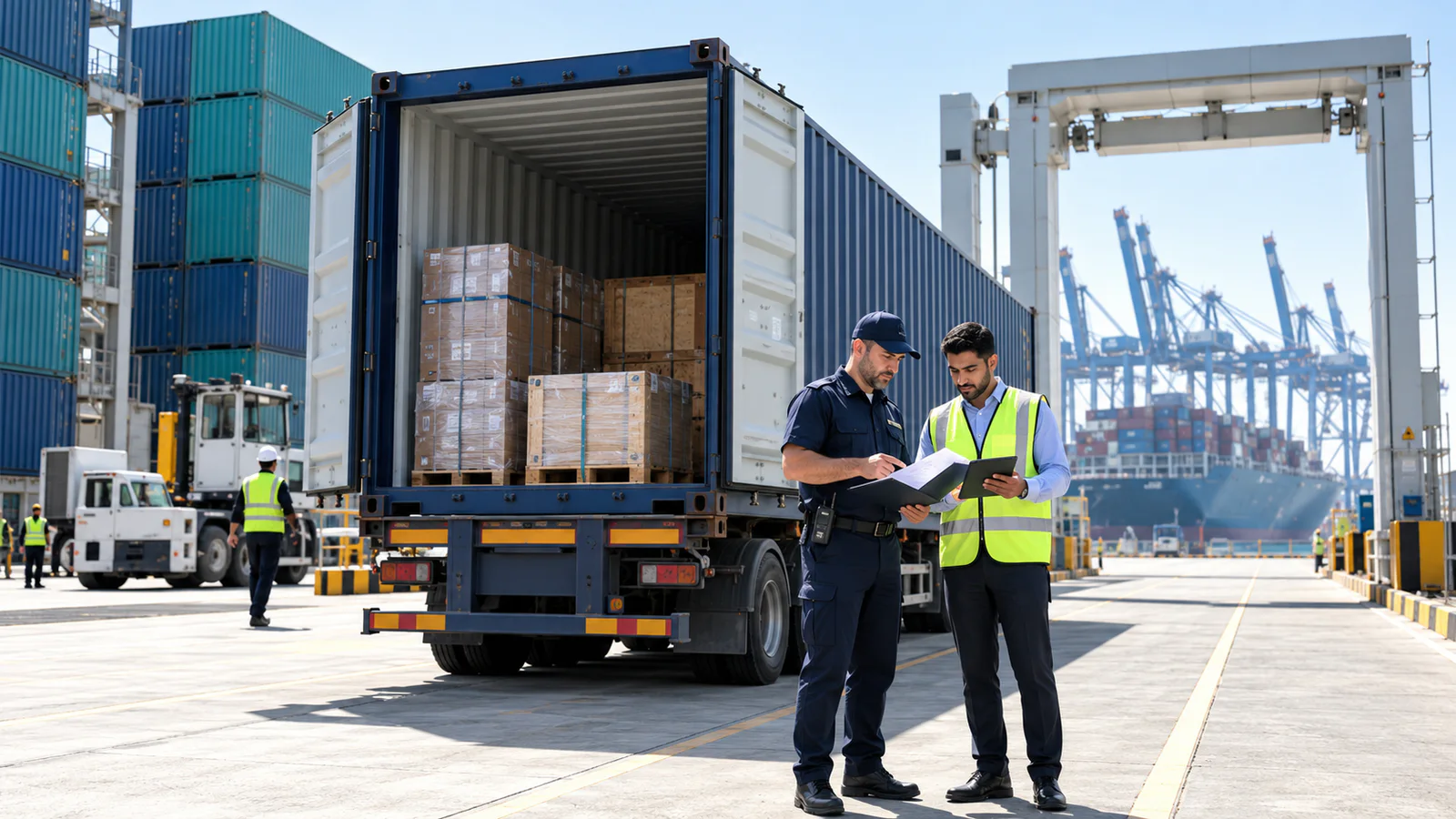 Customs officer and logistics coordinator reviewing import documents beside an open container in a Jebel Ali-style inspection yard