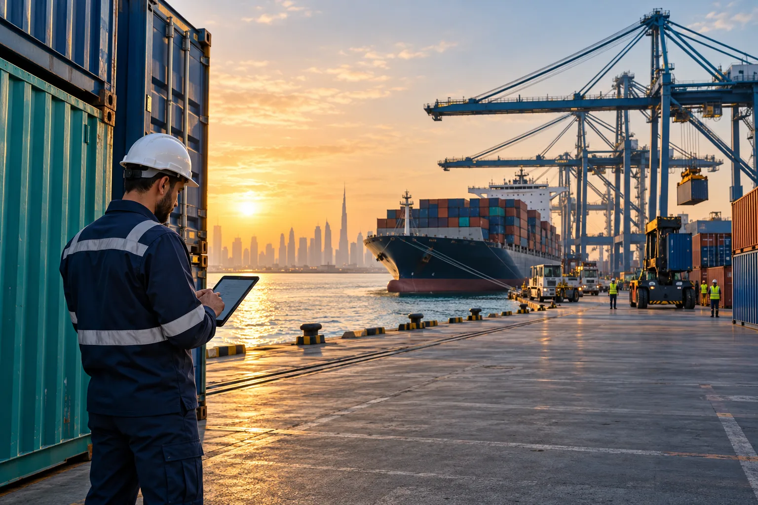 Freight coordinator reviewing container documentation beside a vessel and gantry cranes at a Dubai port