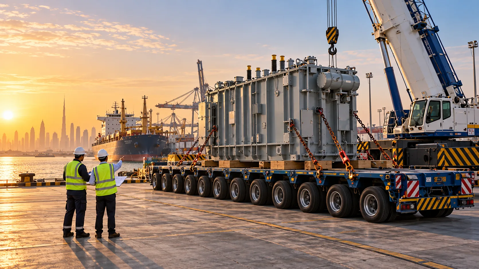 Heavy industrial transformer secured on a multi-axle trailer beside a mobile crane at a Dubai cargo terminal