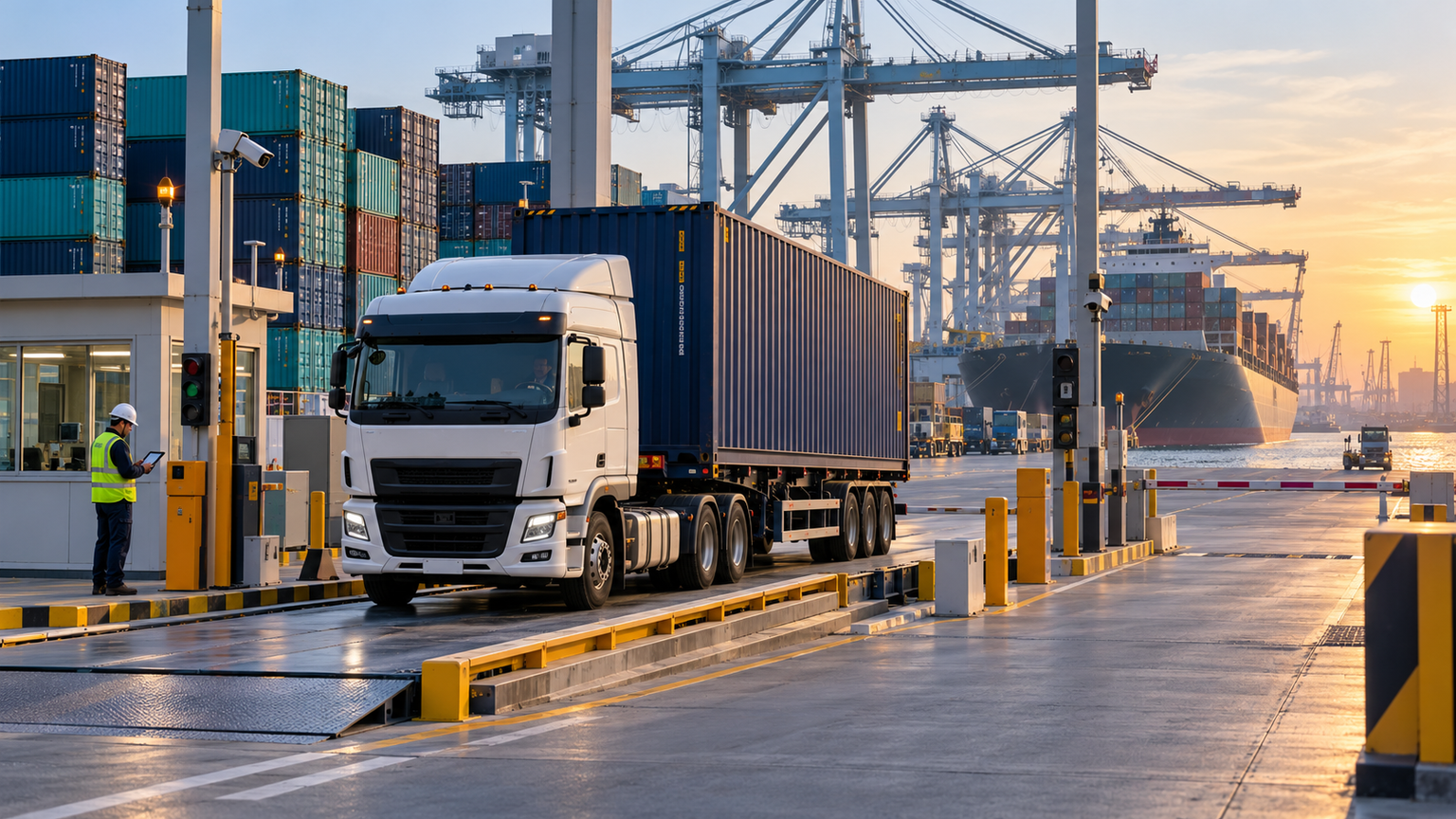 Container truck leaving a terminal weighbridge with a gate officer, cranes and a vessel in the background