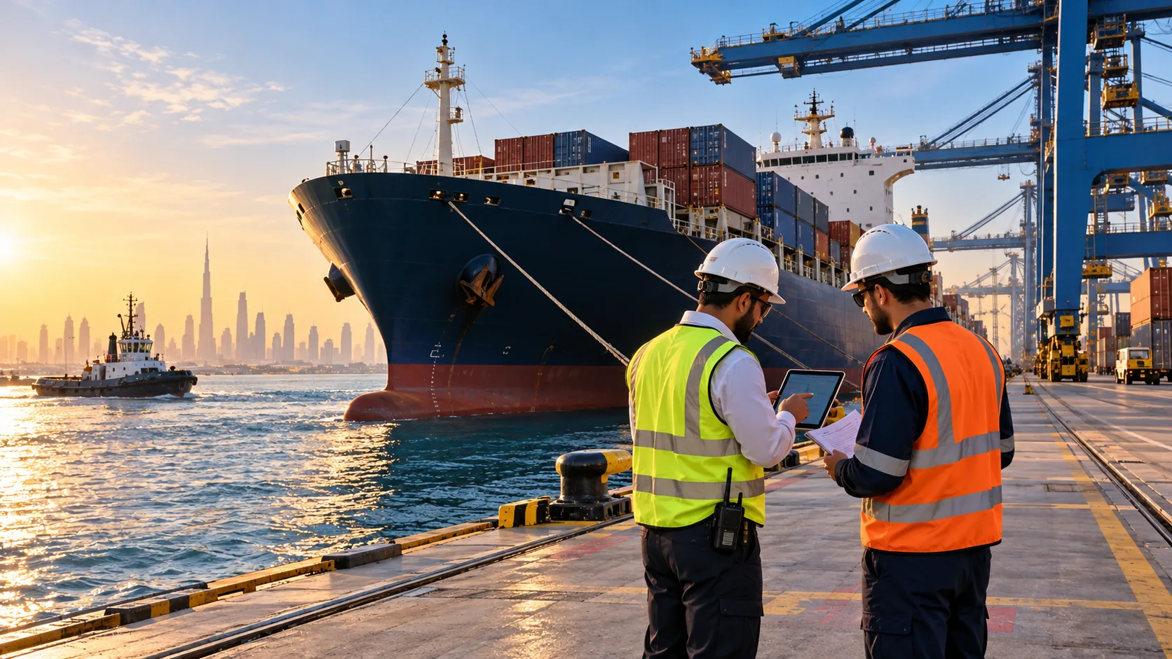 Shipping operations professionals coordinating beside a berthed cargo vessel at a modern Dubai port