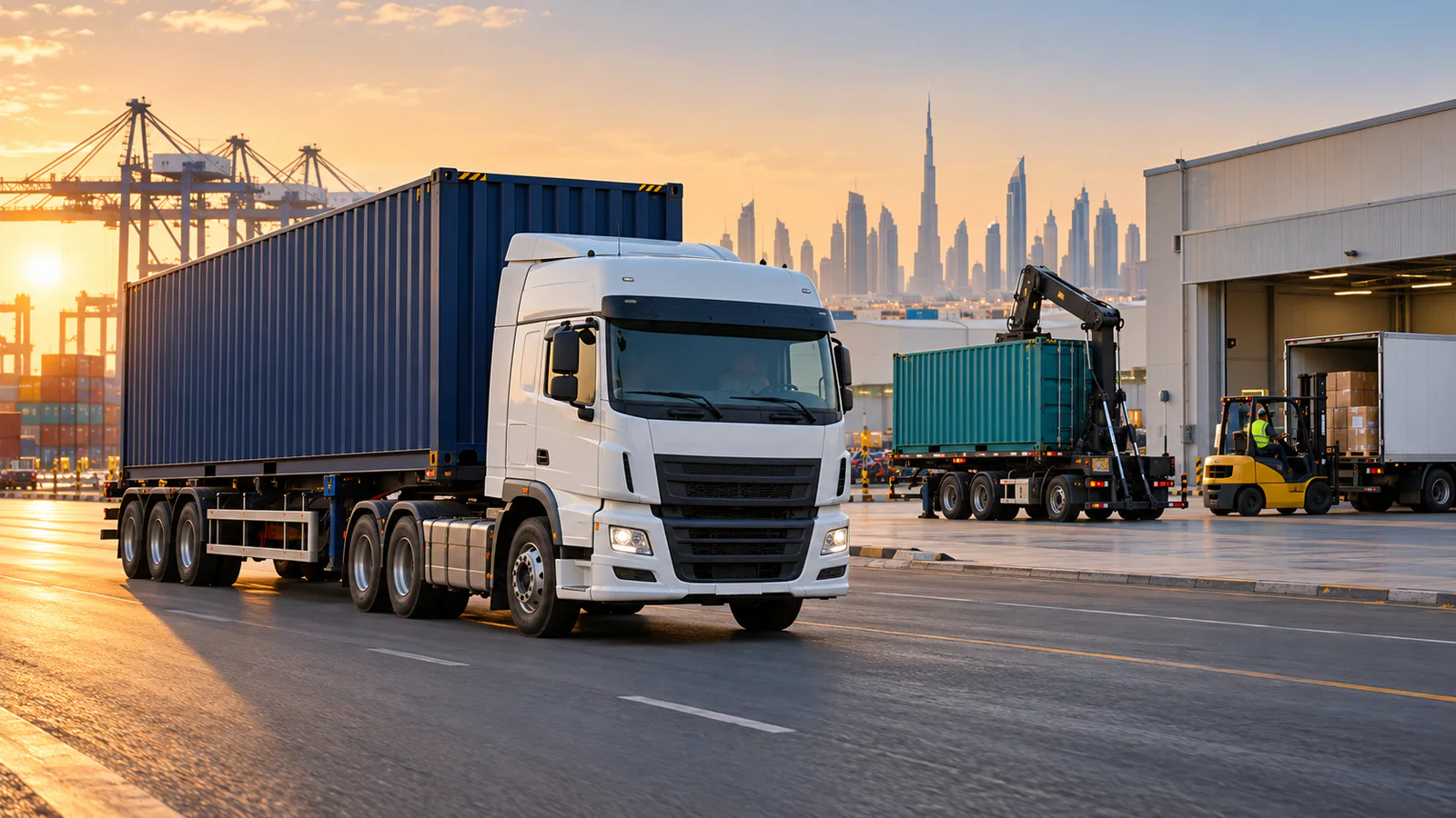 Container tractor-trailer passing a UAE warehouse where a side-loader and forklift coordinate local delivery
