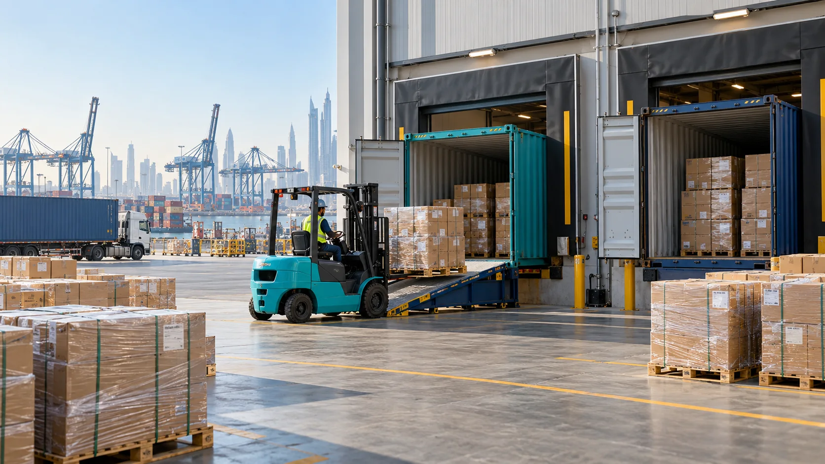 Illustration of a forklift moving palletized cartons between a warehouse staging area and open shipping containers